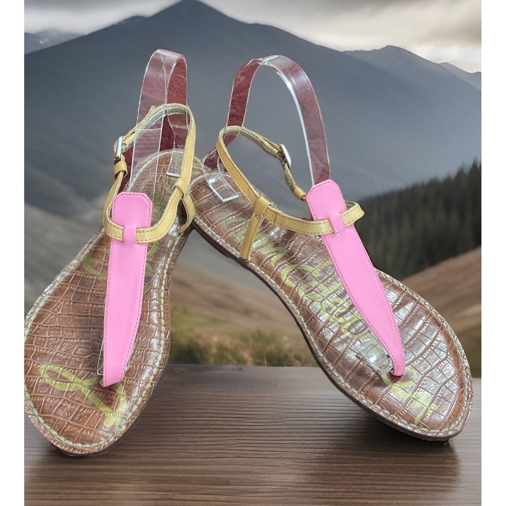 Sam Edelman Women Sz 9.5M Pink/ Tan Strappy Leather Gigi Thong Sandals, Buckle‎